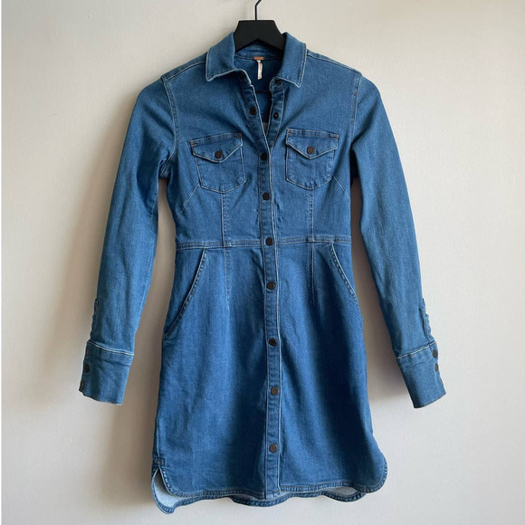 Free People Dynomite Denim Mini Dress Blue Size XS - Picture 2 of 5